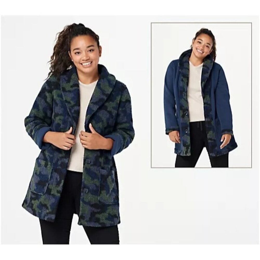 NWT Susan Graver Weekend Reversible Sherpa & Polar Navy Blue Fleece Coat Size XS